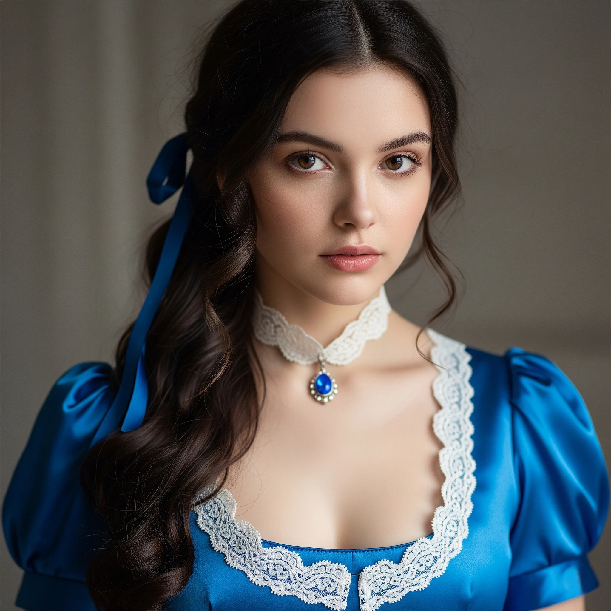 English Woman in Blue Satin Regency Dress - 1809 (3 images) picture 1 of 3