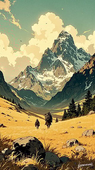 Parent and Child Walking Toward the Snowy Peak / Phone Wallpaper Archives'