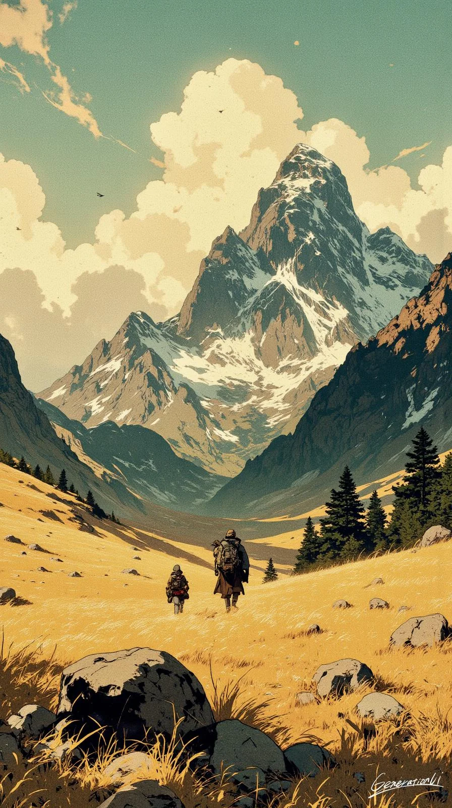 Parent and Child Walking Toward the Snowy Peak / Phone Wallpaper Archives picture 1 of 1