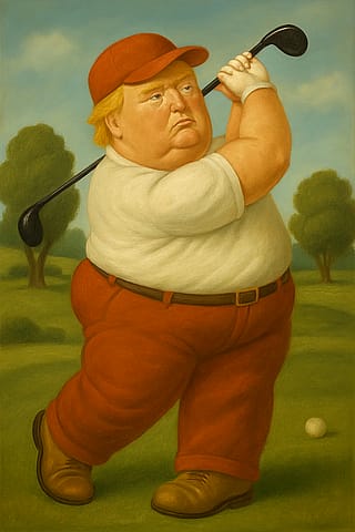 Inspired by Botero. Avid golfer with double headed club and AI hands.'
