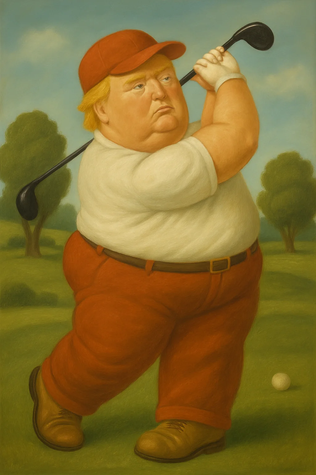Inspired by Botero. Avid golfer with double headed club and AI hands. picture 1 of 1