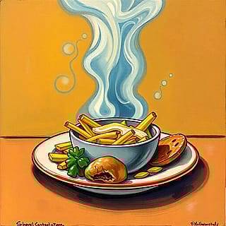 Office Break room painting of peculiar poutine?'