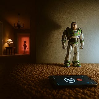 Toy on alert. Stranger in the hall. Guess who?'