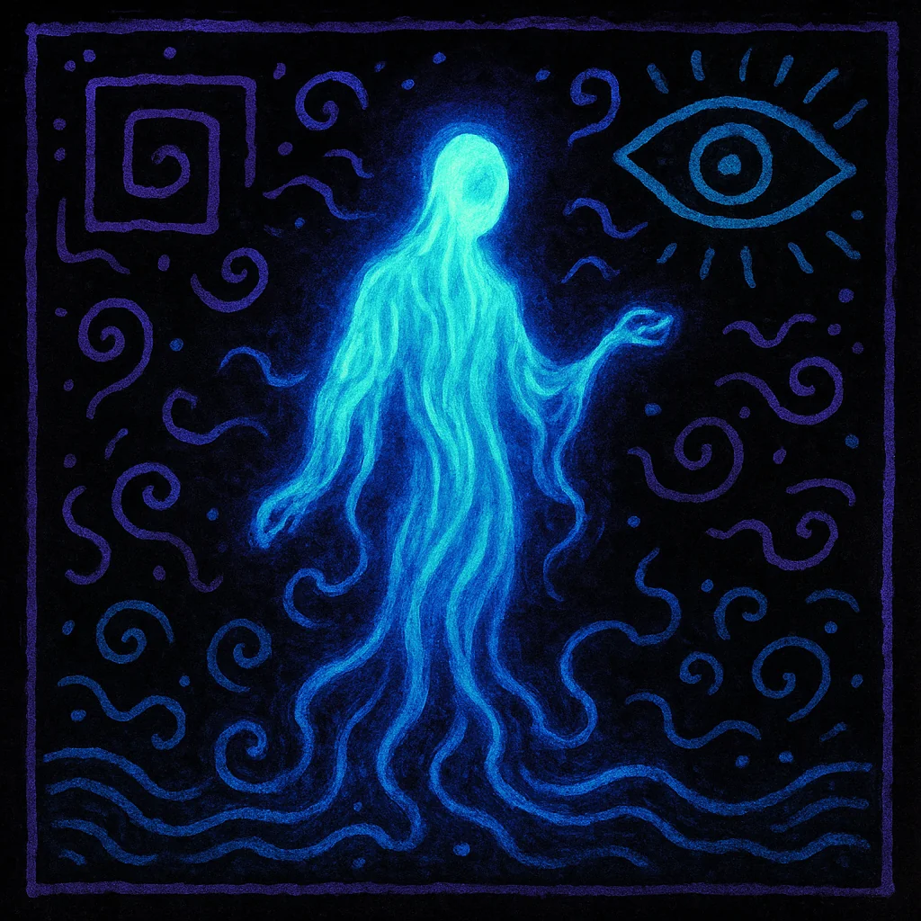 Prompt: "Blacklight Chinese ink painting in the style of Keith Haring of something mysterious and ethereal" picture 1 of 20