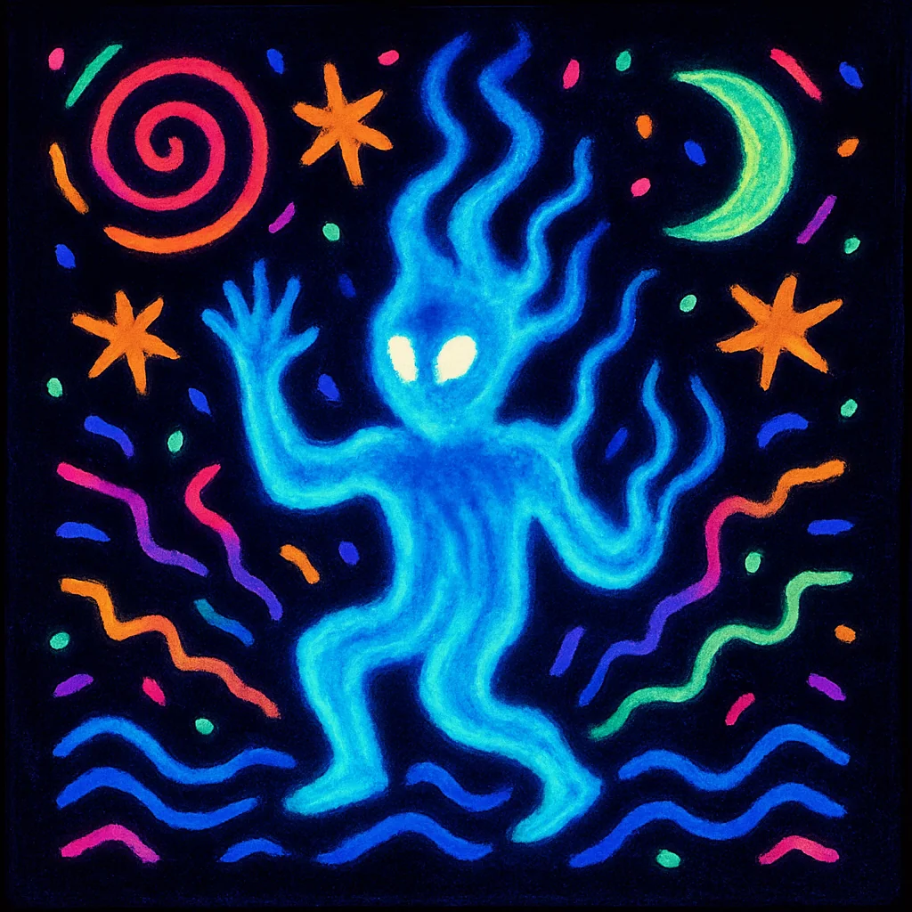 Prompt: "Blacklight Chinese ink painting in the style of Keith Haring of something mysterious and ethereal" picture 2 of 20