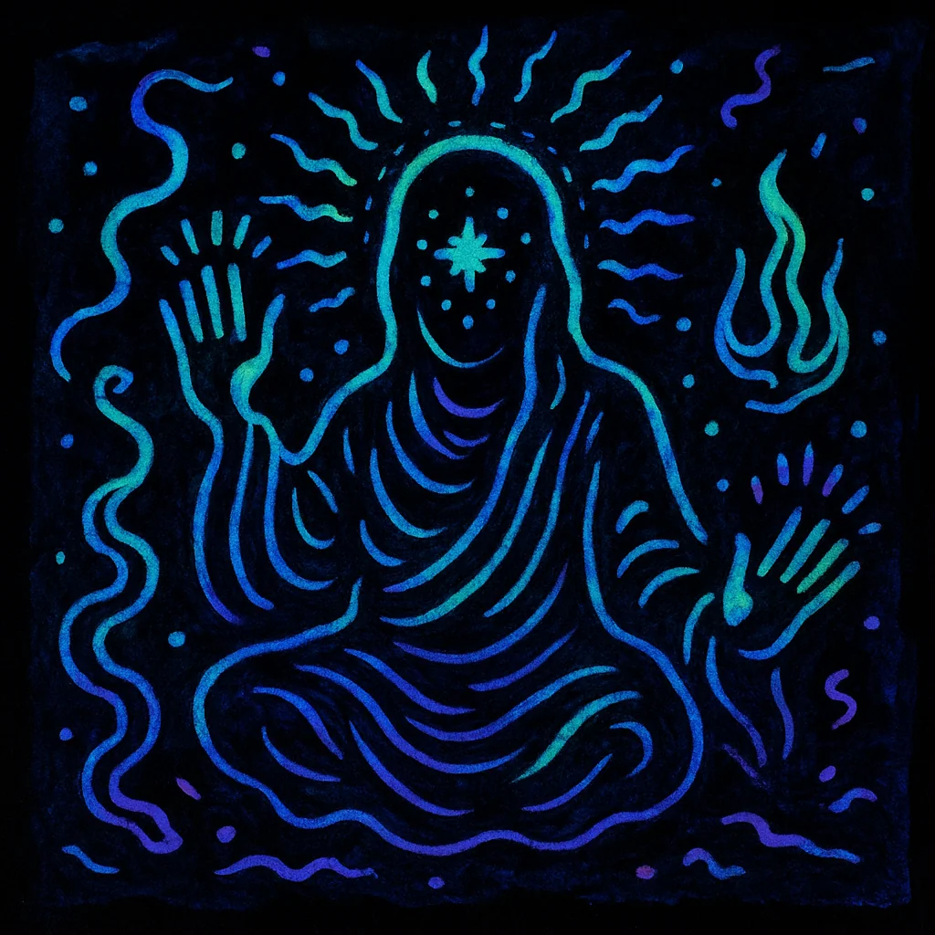 Prompt: "Blacklight Chinese ink painting in the style of Keith Haring of something mysterious and ethereal" picture 4 of 20