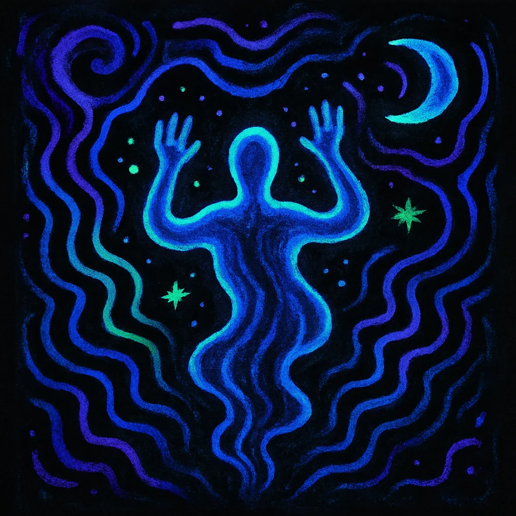Prompt: "Blacklight Chinese ink painting in the style of Keith Haring of something mysterious and ethereal" picture 5 of 20