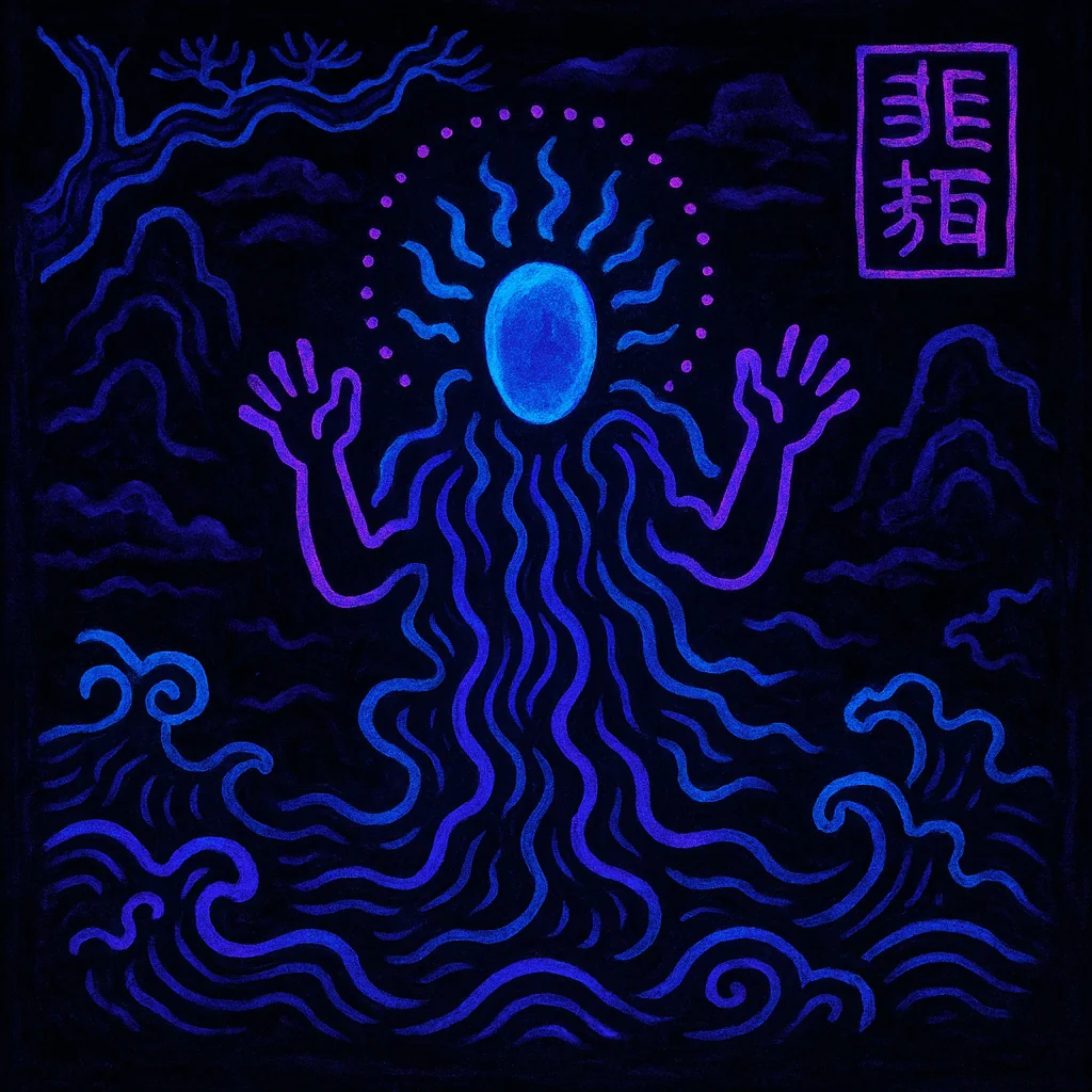 Prompt: "Blacklight Chinese ink painting in the style of Keith Haring of something mysterious and ethereal" picture 7 of 20