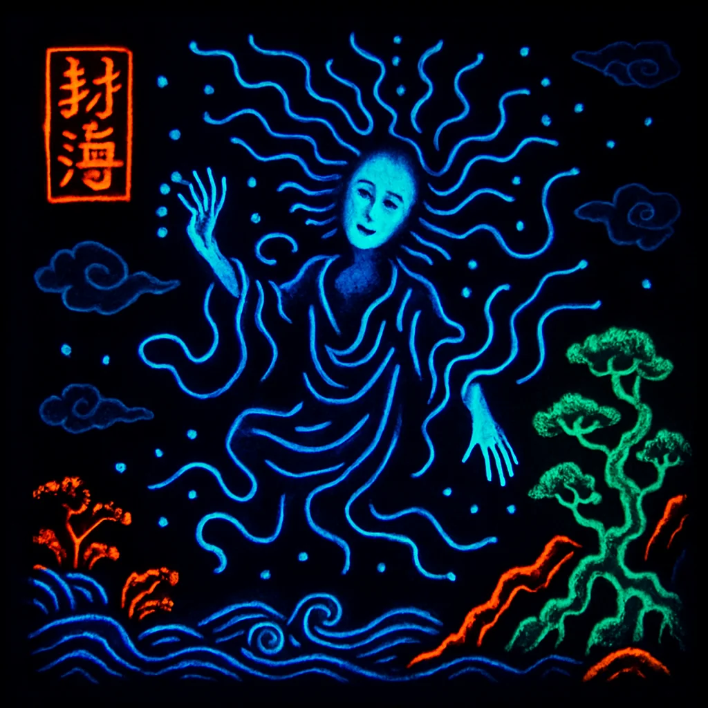 Prompt: "Blacklight Chinese ink painting in the style of Keith Haring of something mysterious and ethereal" picture 8 of 20