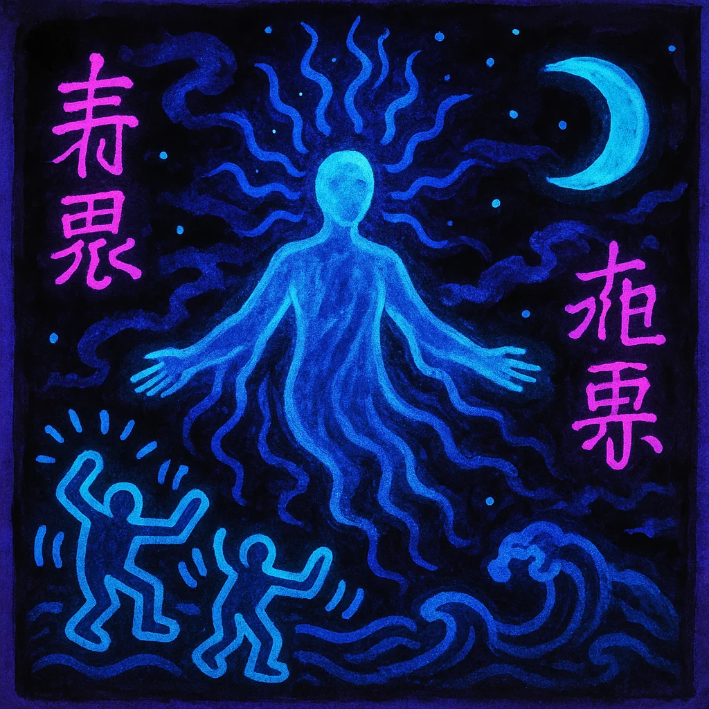 Prompt: "Blacklight Chinese ink painting in the style of Keith Haring of something mysterious and ethereal" picture 9 of 20