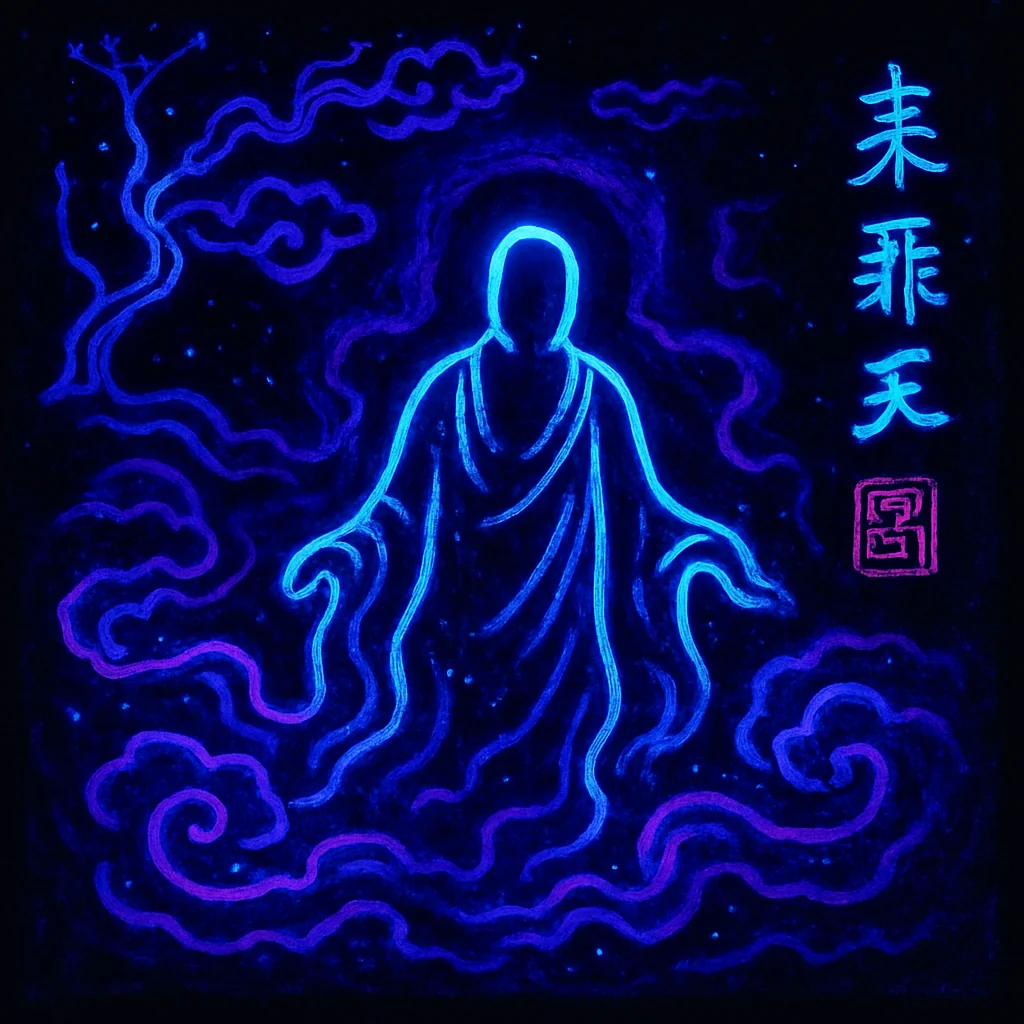 Prompt: "Blacklight Chinese ink painting in the style of Keith Haring of something mysterious and ethereal" picture 11 of 20