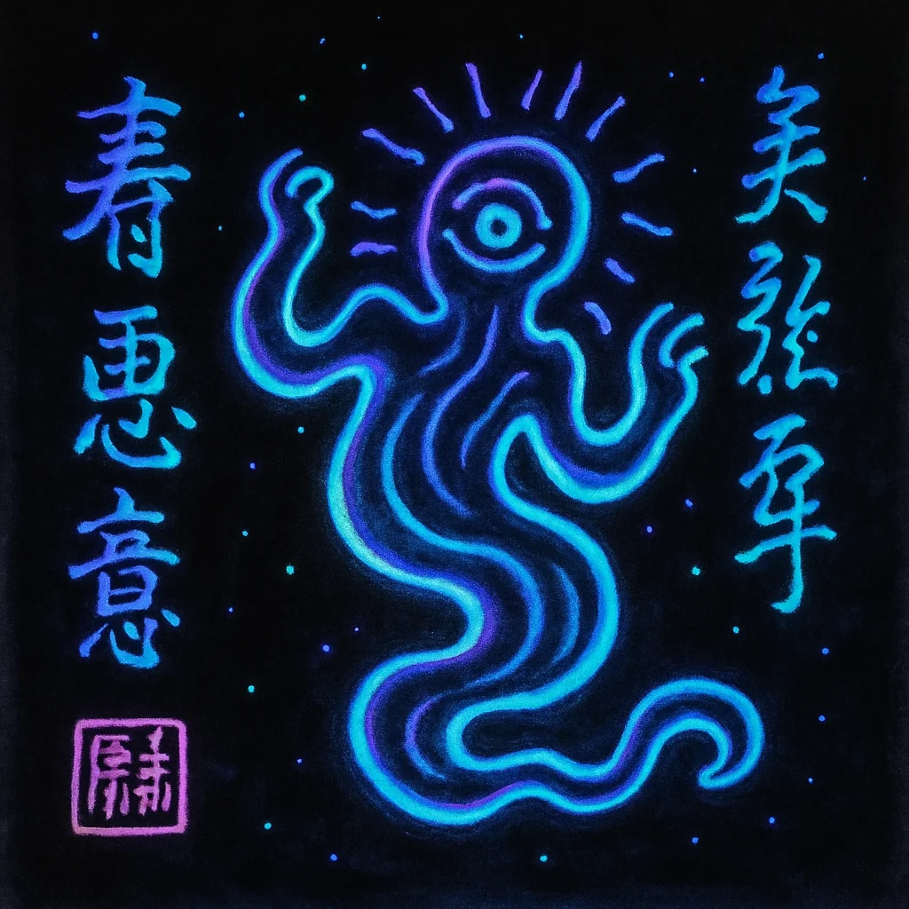 Prompt: "Blacklight Chinese ink painting in the style of Keith Haring of something mysterious and ethereal" picture 12 of 20