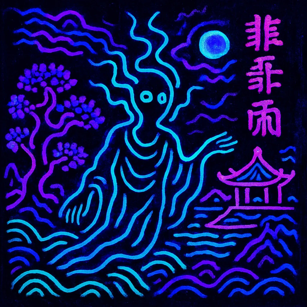 Prompt: "Blacklight Chinese ink painting in the style of Keith Haring of something mysterious and ethereal" picture 13 of 20