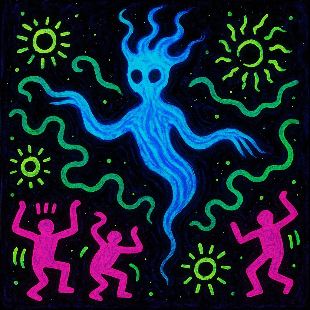 Prompt: "Blacklight Chinese ink painting in the style of Keith Haring of something mysterious and ethereal" picture 15 of 20
