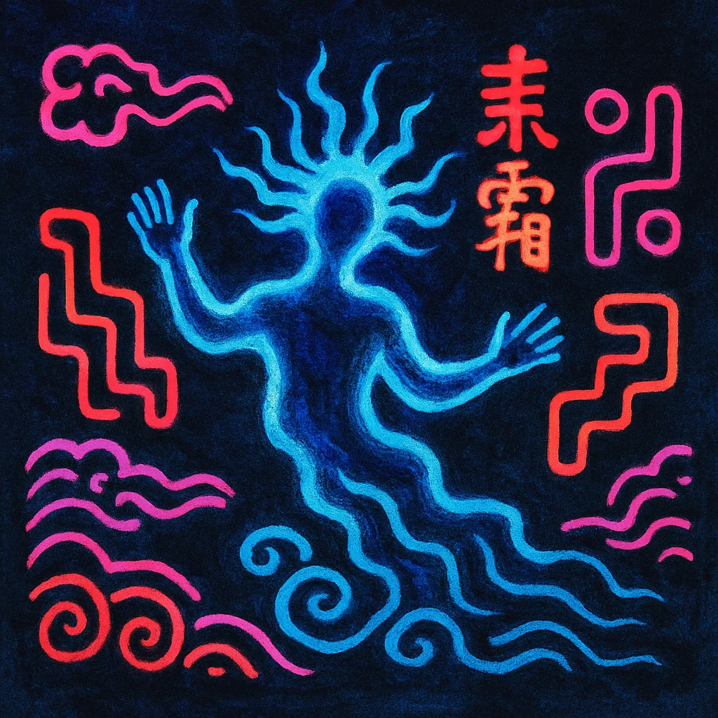 Prompt: "Blacklight Chinese ink painting in the style of Keith Haring of something mysterious and ethereal" picture 17 of 20