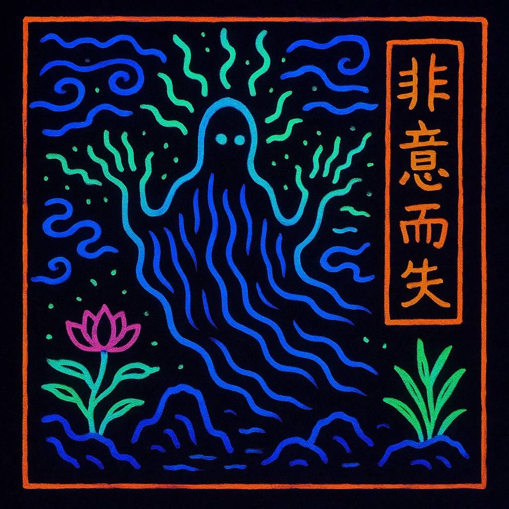 Prompt: "Blacklight Chinese ink painting in the style of Keith Haring of something mysterious and ethereal" picture 19 of 20