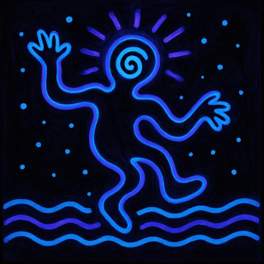 Prompt: "Blacklight Chinese ink painting in the style of Keith Haring of something mysterious and ethereal" picture 20 of 20