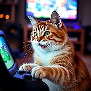 Cat playing video games'
