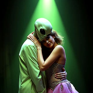 Dancer girl hugging alien'