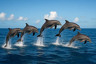 5 Dolphins jumping in the water Image'