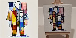 I tried to paint an image I generated with ChatGPT last year (left) on a tiny canvas (right).'