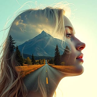 Portrait of woman combined with a mountain road. Double exposure'