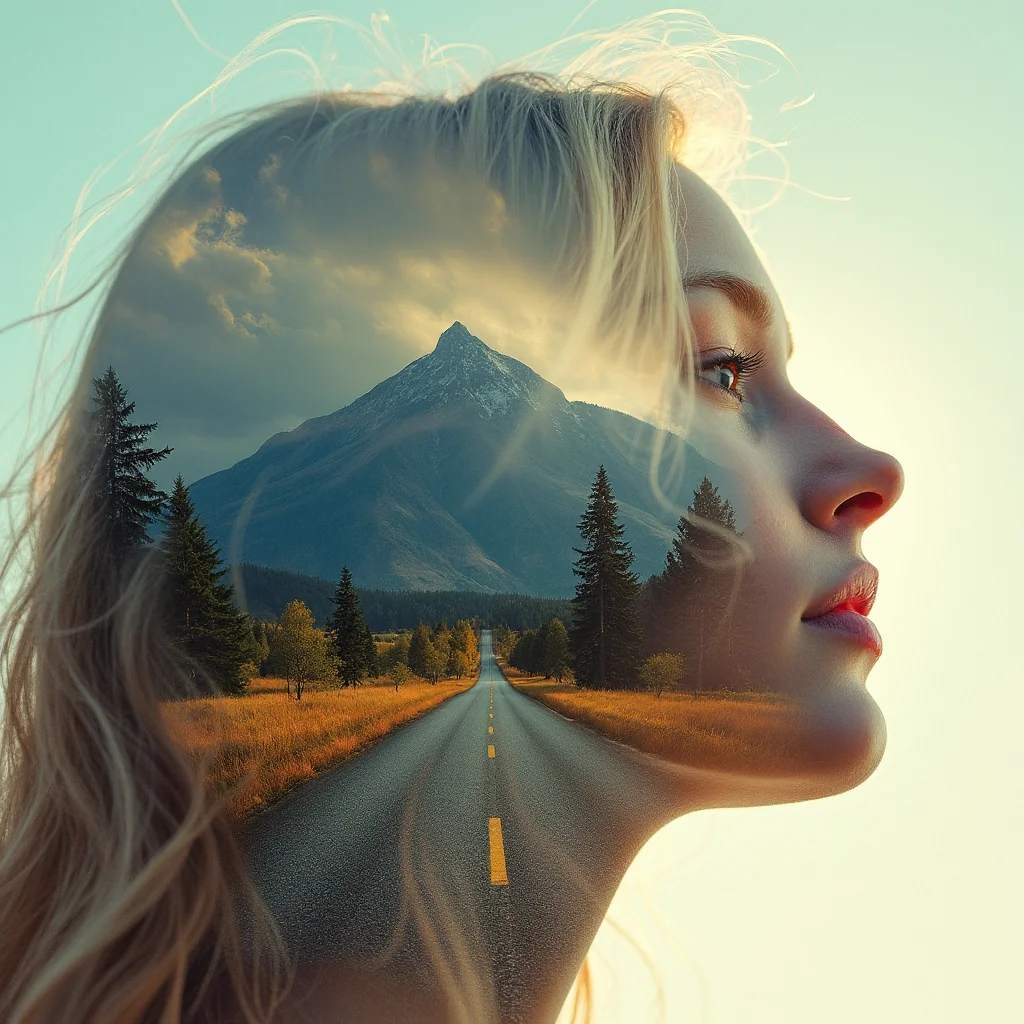 Portrait of woman combined with a mountain road. Double exposure picture 1 of 1