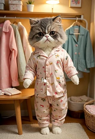 Cats wearing cute pajamas! - Each image generated using a different LoRA model, each trained with photos of a different real cat'