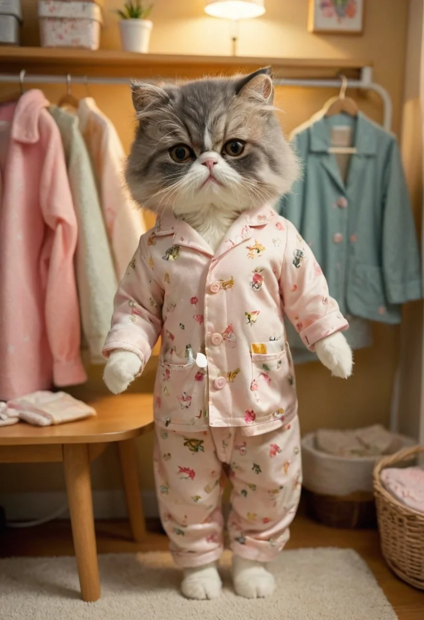 Cats wearing cute pajamas! - Each image generated using a different LoRA model, each trained with photos of a different real cat picture 1 of 7