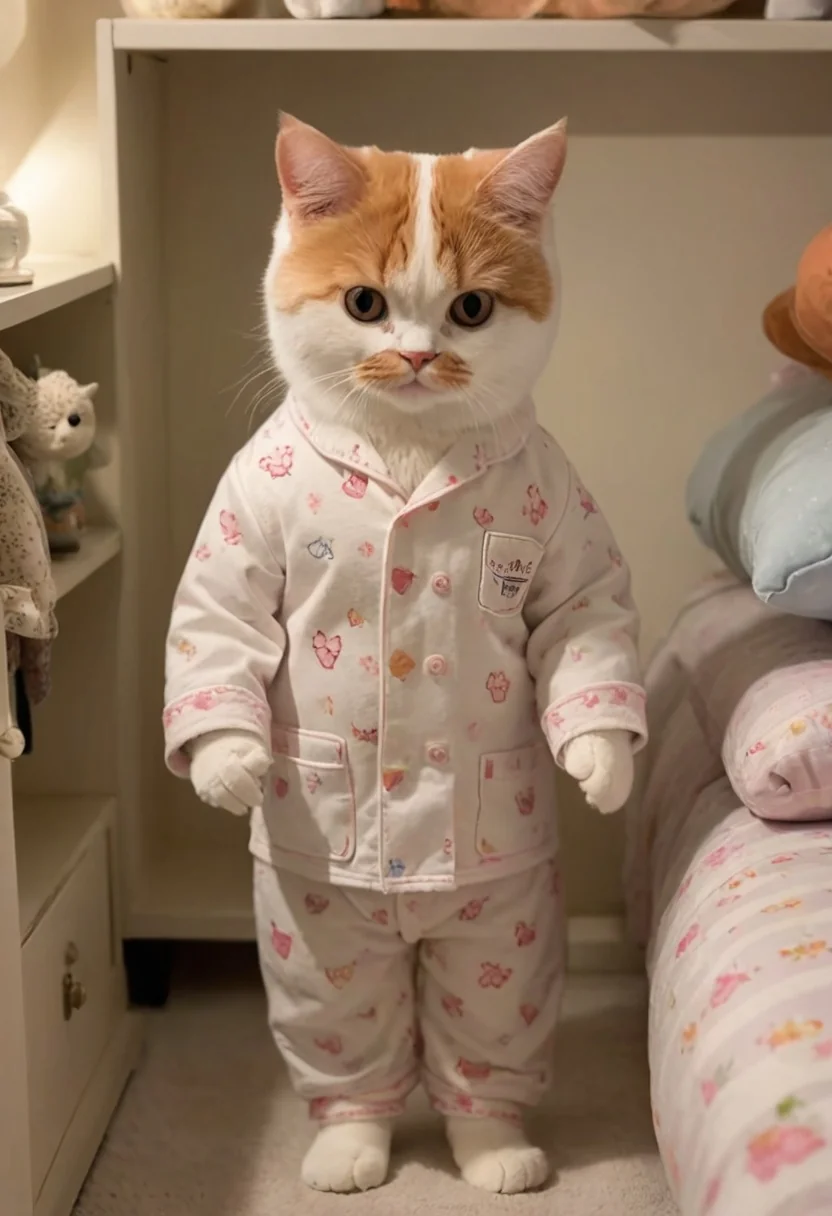 Cats wearing cute pajamas! - Each image generated using a different LoRA model, each trained with photos of a different real cat picture 3 of 7