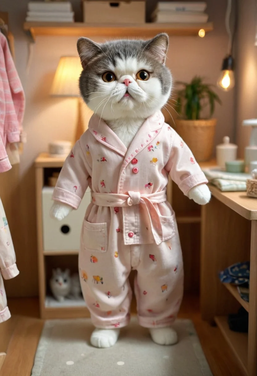 Cats wearing cute pajamas! - Each image generated using a different LoRA model, each trained with photos of a different real cat picture 5 of 7