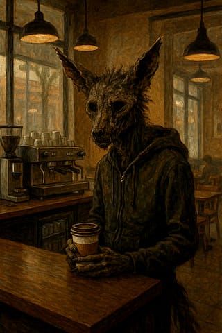 "Skinwalker casually getting coffee at a cafe"'