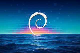 Synthwave Ocean Sunset, Debian/Linux wallpaper'