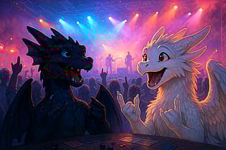 Two dragons having a great time at a music concert'