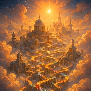 A magical cloud city at sunrise'