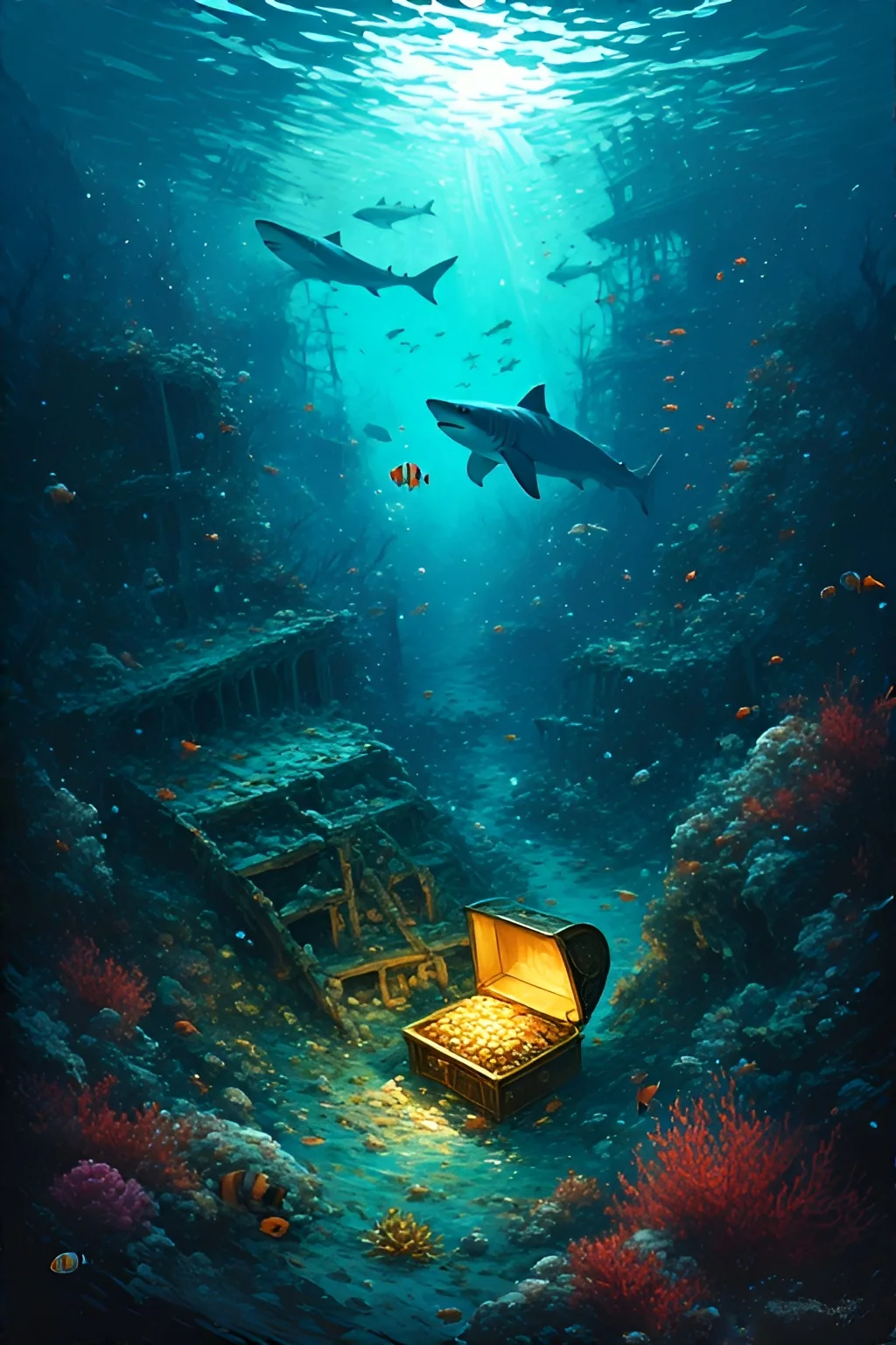 Shipwreck with treasure watercolor and painterly picture 1 of 2