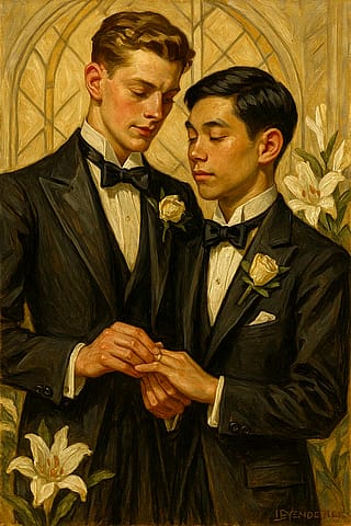 Gay wedding in the style of J.C. Leyendecker'