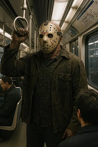 Jason Voorhees taking public transit.'