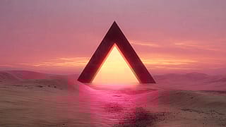 Giant triangle portal in pink sky desert'
