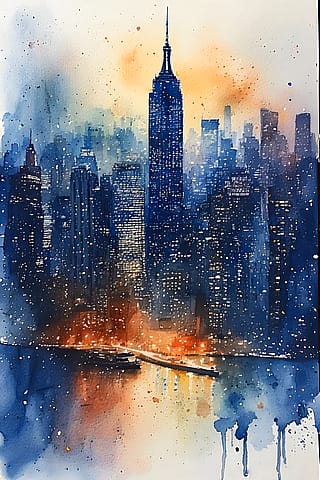 Manhattan skyline Watercolor, Oil Painting and Painterly.'