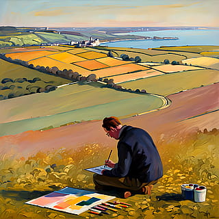 018 J. M. W. Turner - 30 October 2024 - 'Isle of Wight' Sketchbook - Extensive View from a Hill, with an Artist seated on the Ground sketching.'