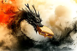 An Asian dragon enjoying a peanut butter and jam sandwich for breakfast'