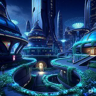 Bioluminescent plants in a futuristic city'