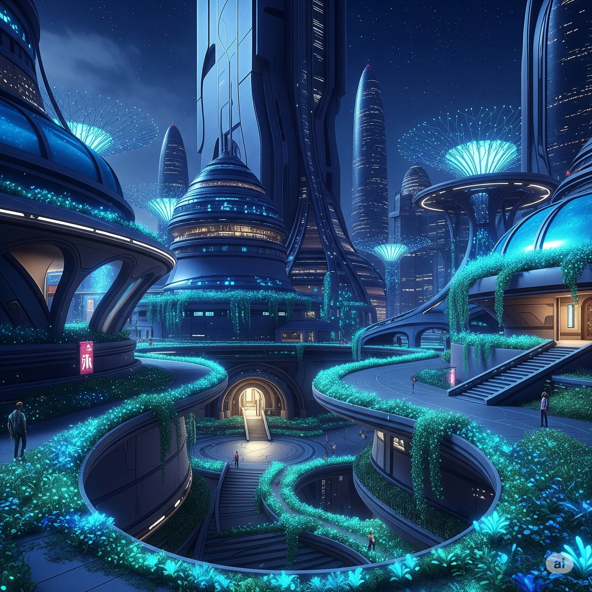 Bioluminescent plants in a futuristic city picture 1 of 1