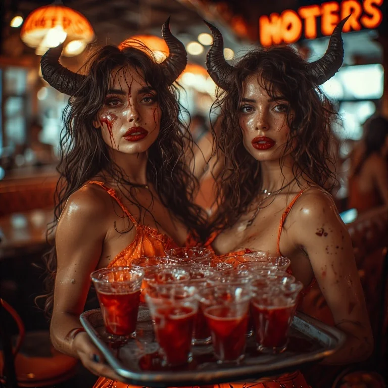 Hooters waitresses as sexy female demons with trays of glass cups of human blood on them. Back ground of hooters restaurant behind them. picture 1 of 4