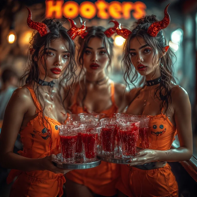 Hooters waitresses as sexy female demons with trays of glass cups of human blood on them. Back ground of hooters restaurant behind them. picture 2 of 4