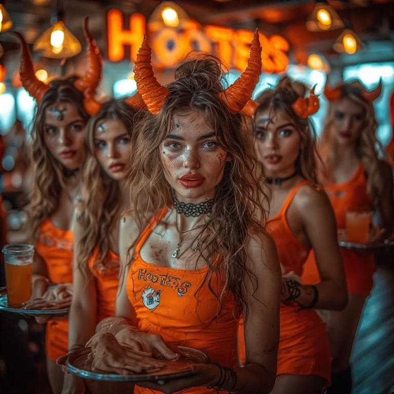 Hooters waitresses as sexy female demons with trays of glass cups of human blood on them. Back ground of hooters restaurant behind them. picture 3 of 4