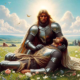 Knight mourning his fallen friend after the darkness of battle has lifted'