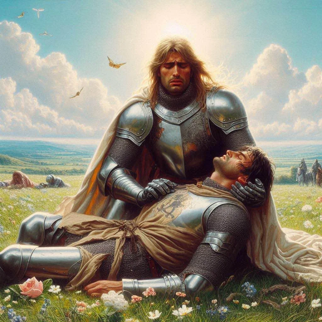 Knight mourning his fallen friend after the darkness of battle has lifted picture 1 of 1