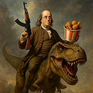 Benjamin Franklin riding on a dinosaur with an AK-47 and a bucket of fried chicken.'